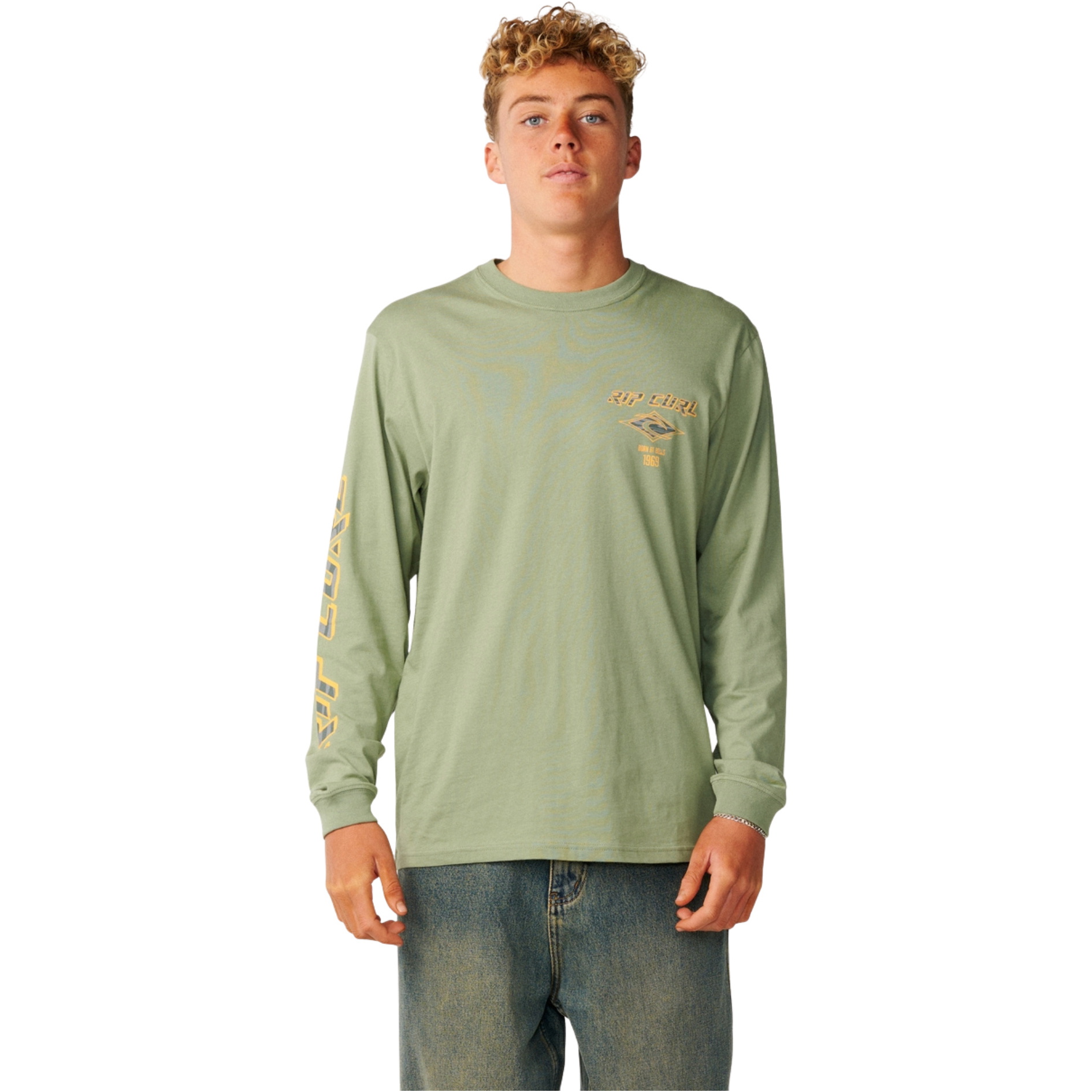 2026 Rip Curl Mens Fade Out Icon Long Sleeve T-Shirt 0BQMTE - Sage